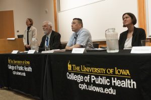 Panel session from "House on Fire" collegiate book club. From left to right: Sue Curry (Dean of the College of Public Health), Bill Foege, Wade Aldous, Edith Parker.